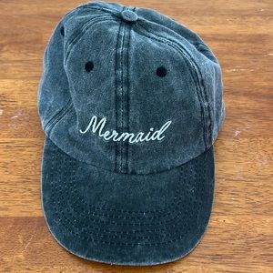 Women’s baseball hat, Velcro back, gray wash mermaid text in white